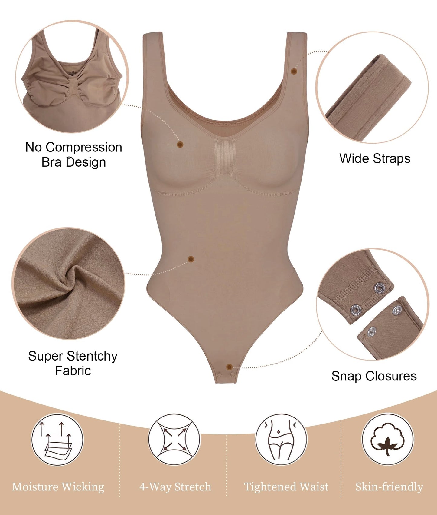 SHAPEDY Wide Strap Seamless Tummy Control Thong Bodysuit