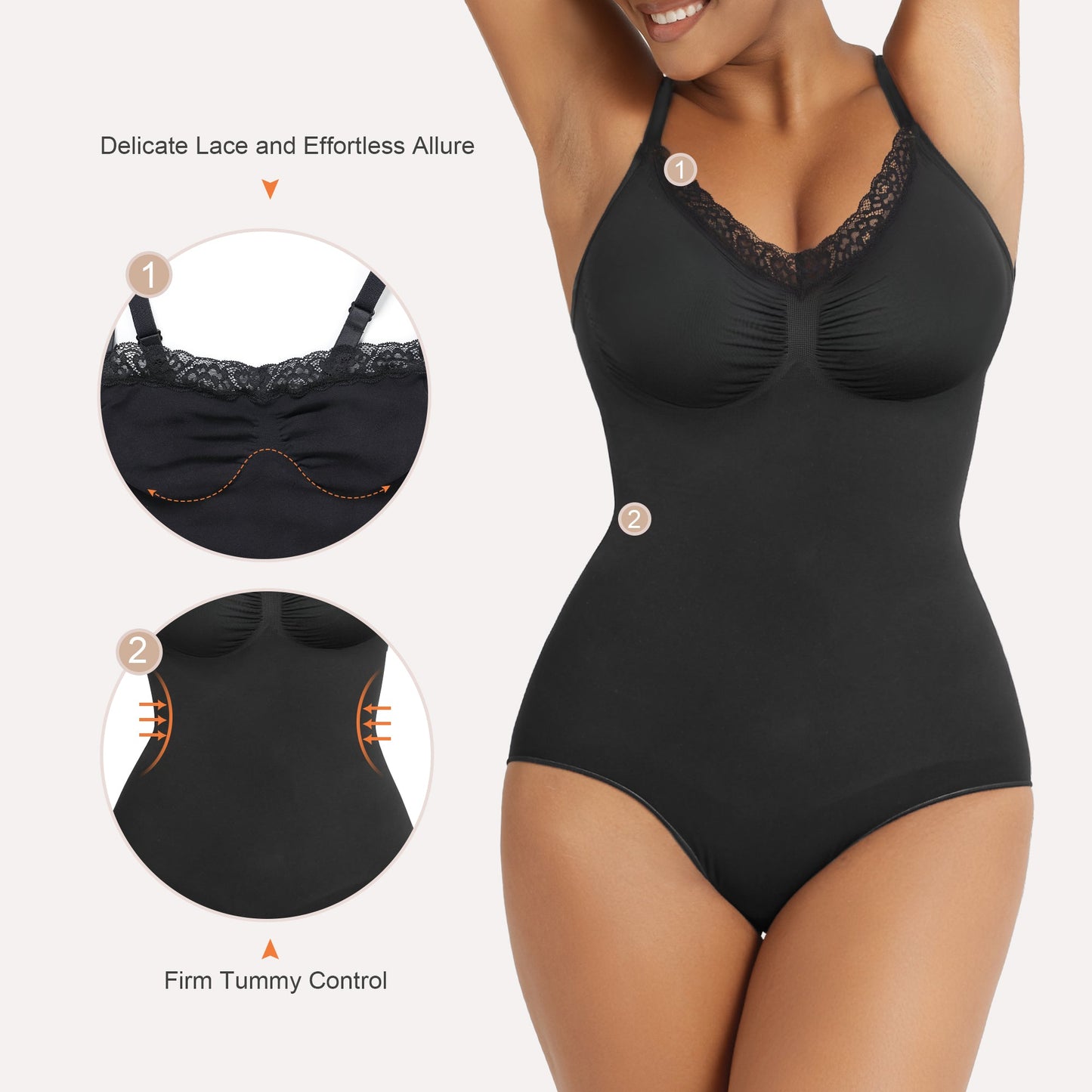 SHAPEDY Lace Seamless Adjustable Straps Tummy Control Brief Bodysuit