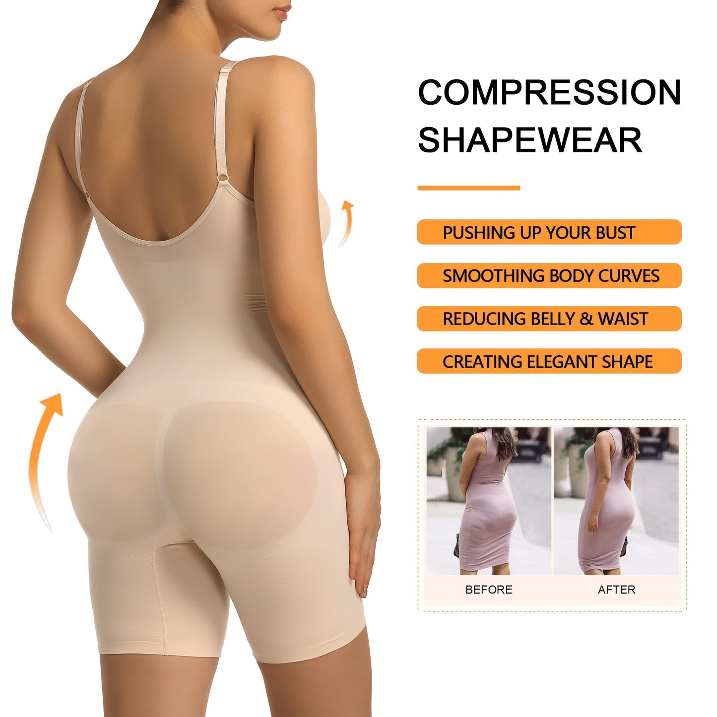 SHAPEDY Mid-Thigh Tummy Control Bodysuit with Removable Pads