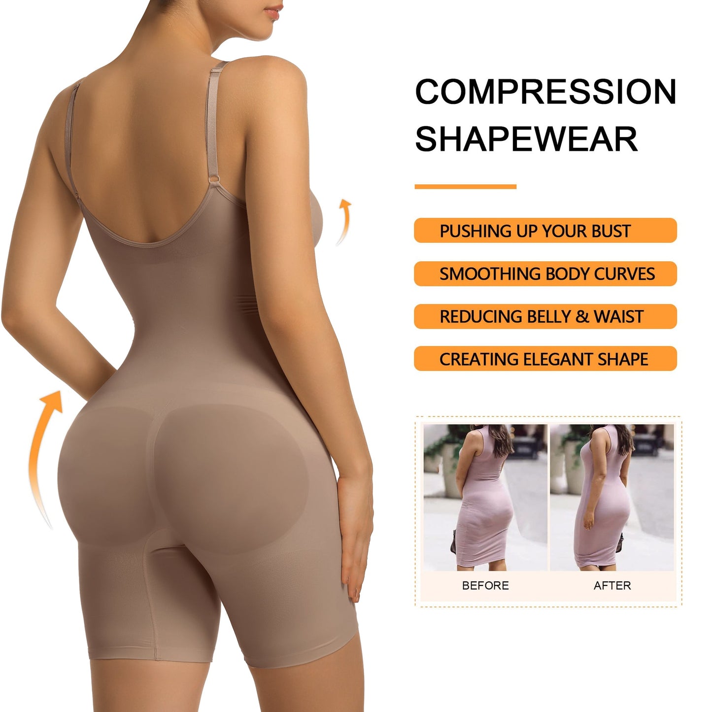SHAPEDY Mid-Thigh Tummy Control Bodysuit with Removable Pads