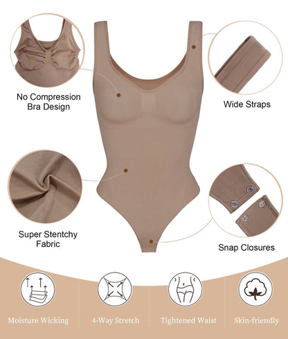 SHAPEDY Wide Strap Seamless Tummy Control Thong Bodysuit