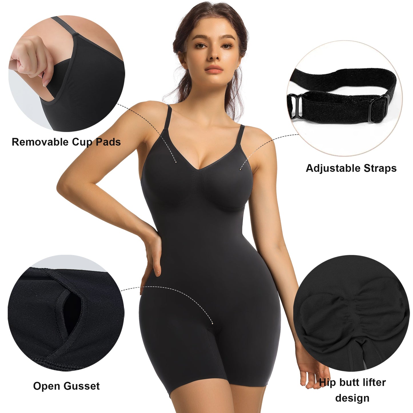 SHAPEDY Mid-Thigh Tummy Control Bodysuit with Removable Pads