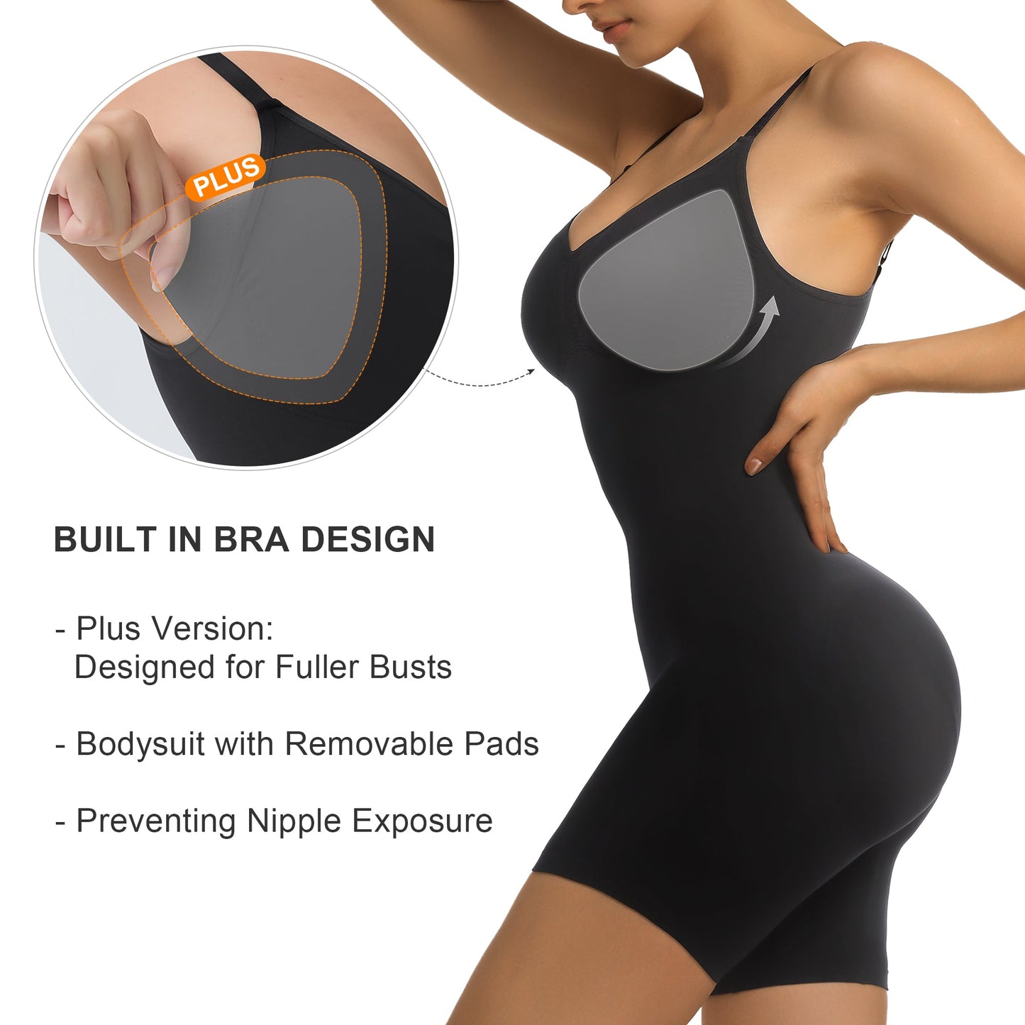 SHAPEDY Mid-Thigh Tummy Control Bodysuit with Removable Pads