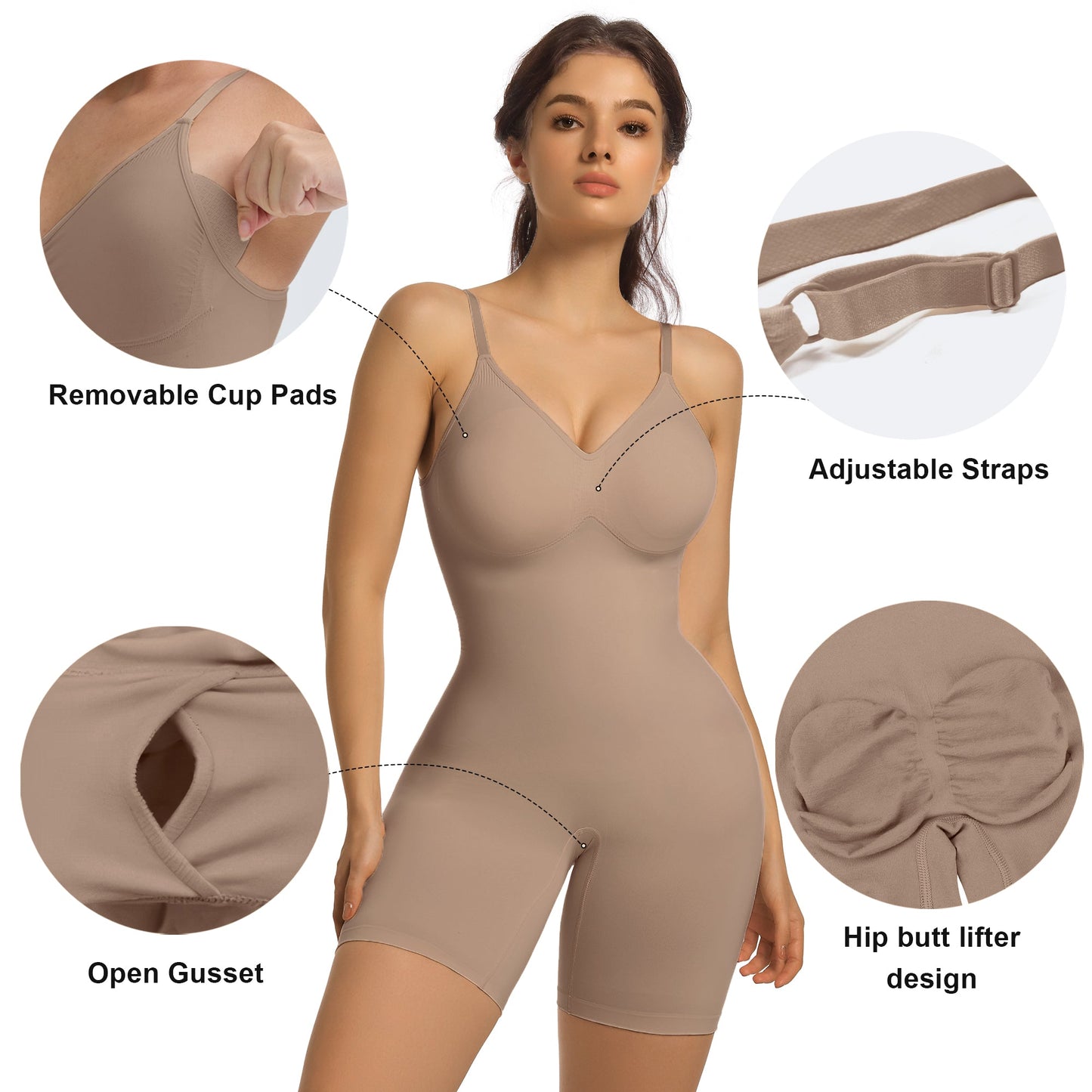 SHAPEDY Mid-Thigh Tummy Control Bodysuit with Removable Pads