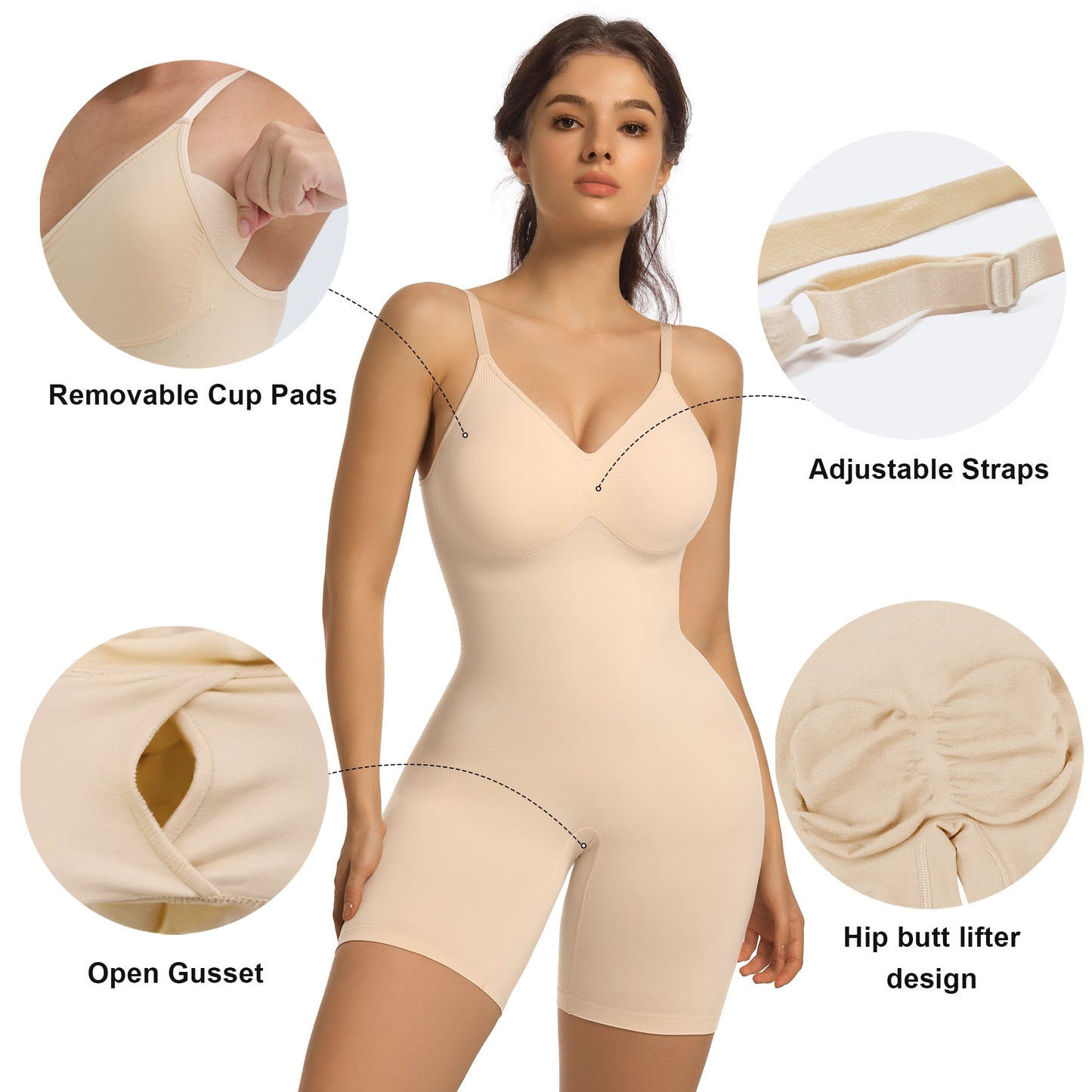 SHAPEDY Mid-Thigh Tummy Control Bodysuit with Removable Pads