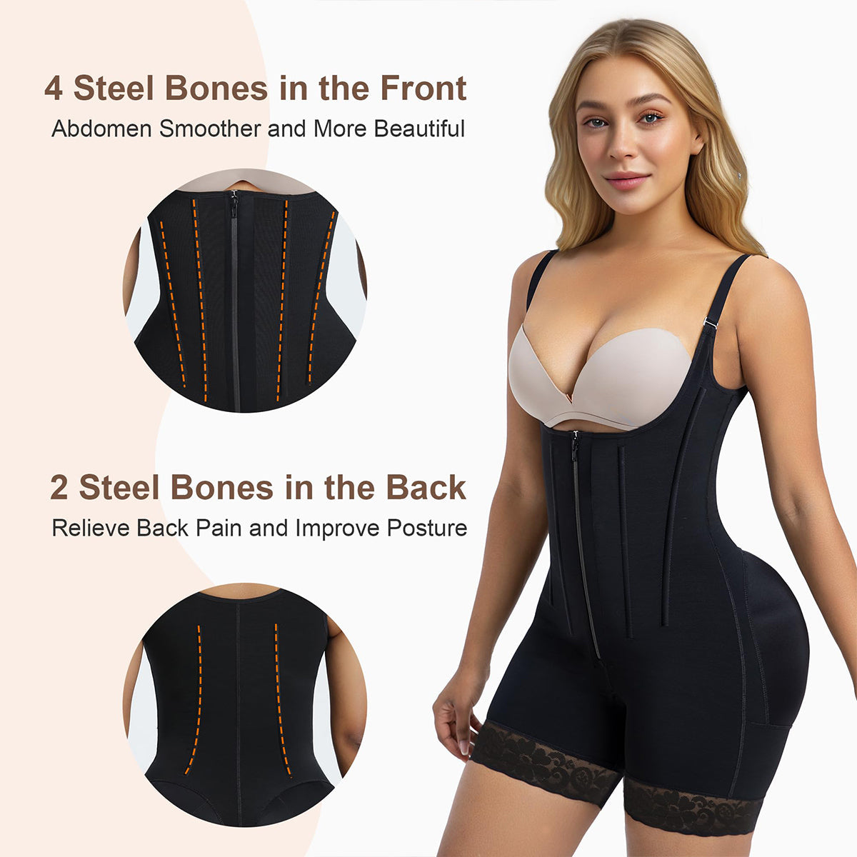 SHAPEDY 6-Steel-Bones Tummy Control Zip & Hooks Faja with Butt Lift