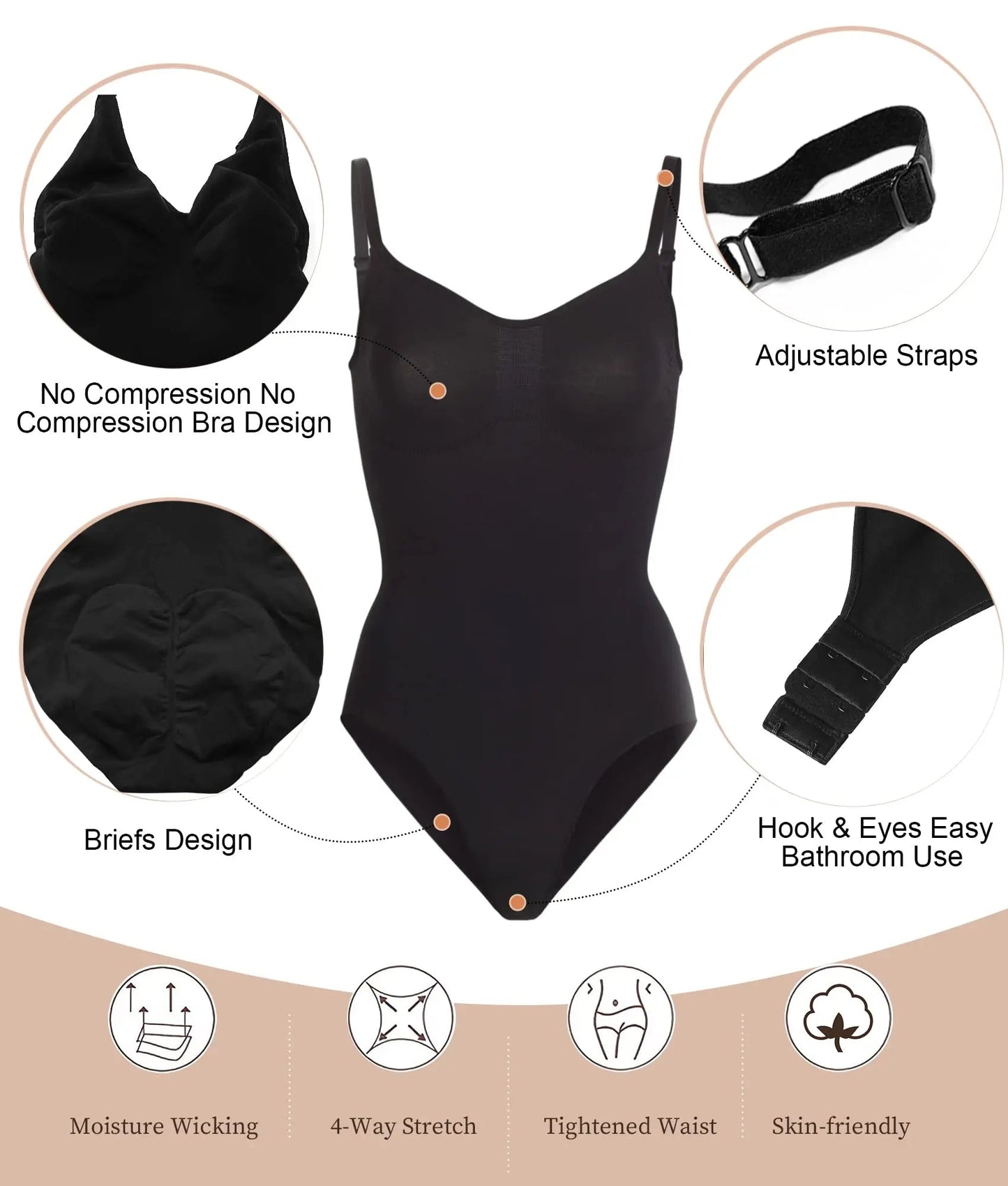 SHAPEDY Seamless Adjustable Straps Tummy Control Brief Bodysuit