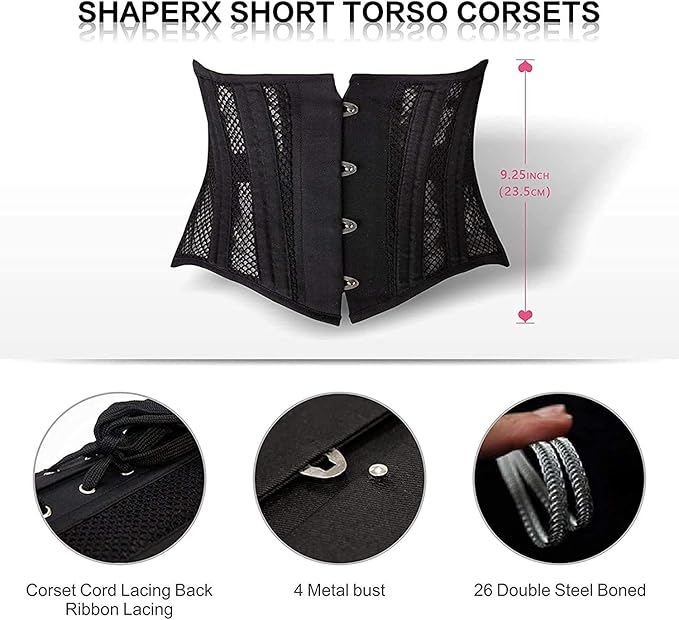 SHAPERX 26-Steel-Bones Mesh Corset Breathable Waist Trainer for Short Torso
