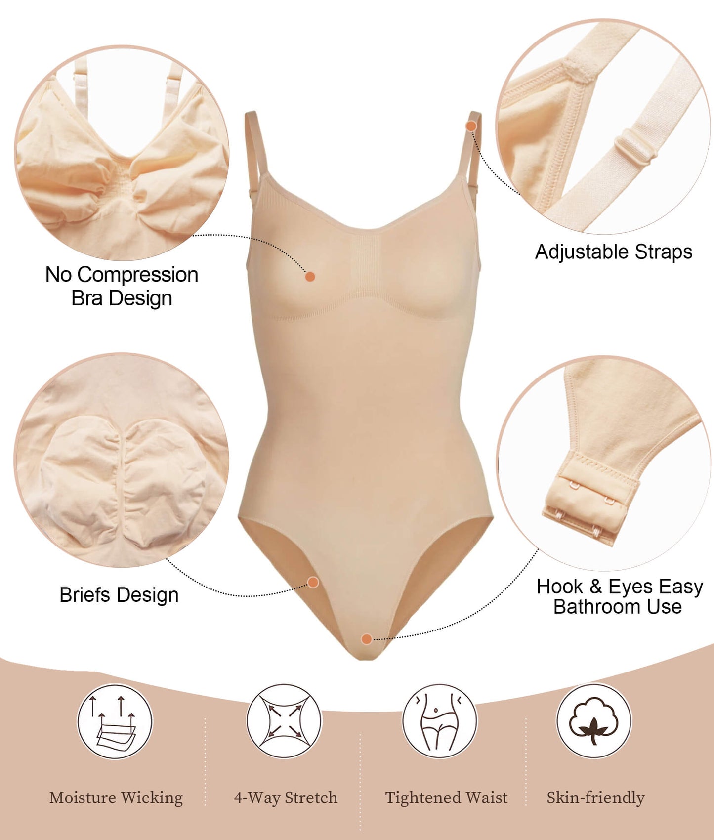 SHAPEDY Seamless Adjustable Straps Tummy Control Brief Bodysuit