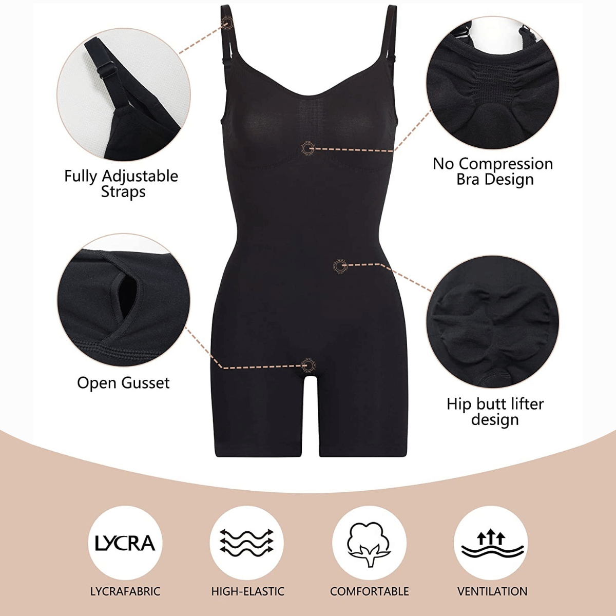 SHAPEDY Seamless Adjustable Straps Tummy Control Shorts Bodysuit