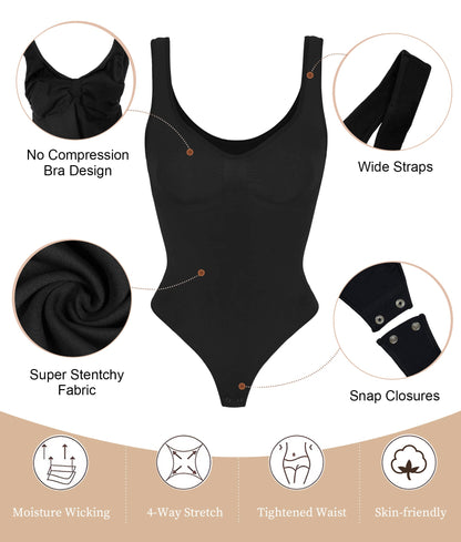 SHAPEDY Wide Strap Seamless Tummy Control Thong Bodysuit