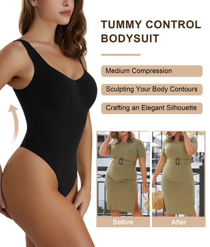 SHAPEDY Wide Strap Seamless Tummy Control Thong Bodysuit