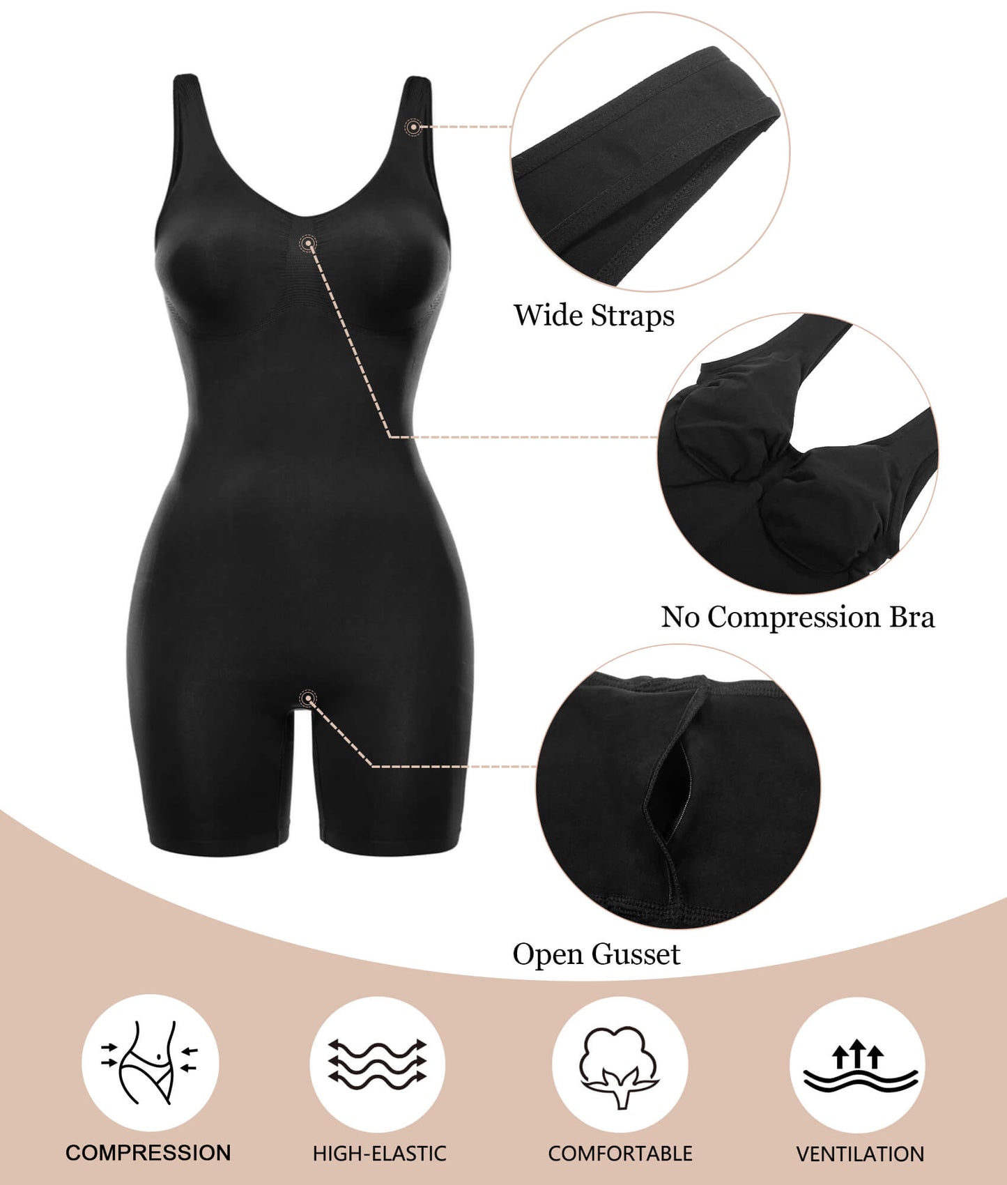 SHAPEDY Seamless Wide Starps Mid-Thigh Bodysuit