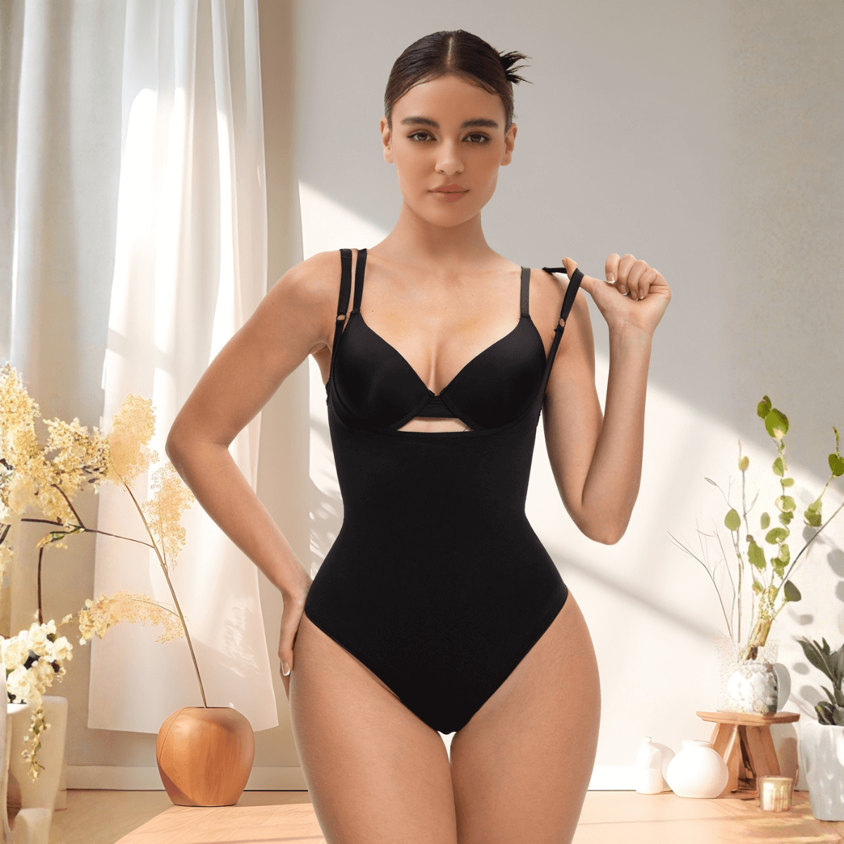 SHAPEDY Seamless Open-Bust Tummy Control Thong Bodysuit