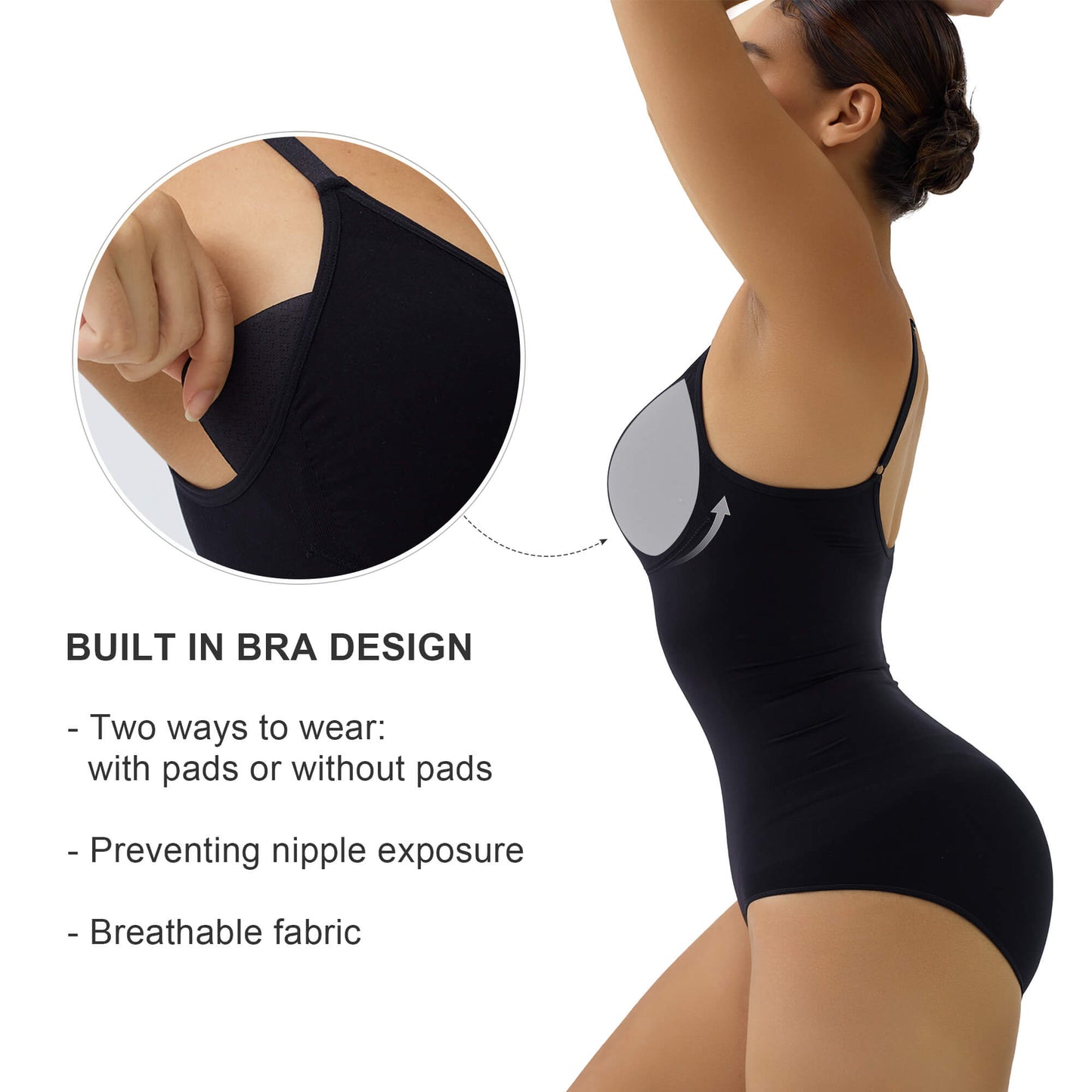 SHAPEDY Briefs Tummy Control Bodysuit with Removable Pads