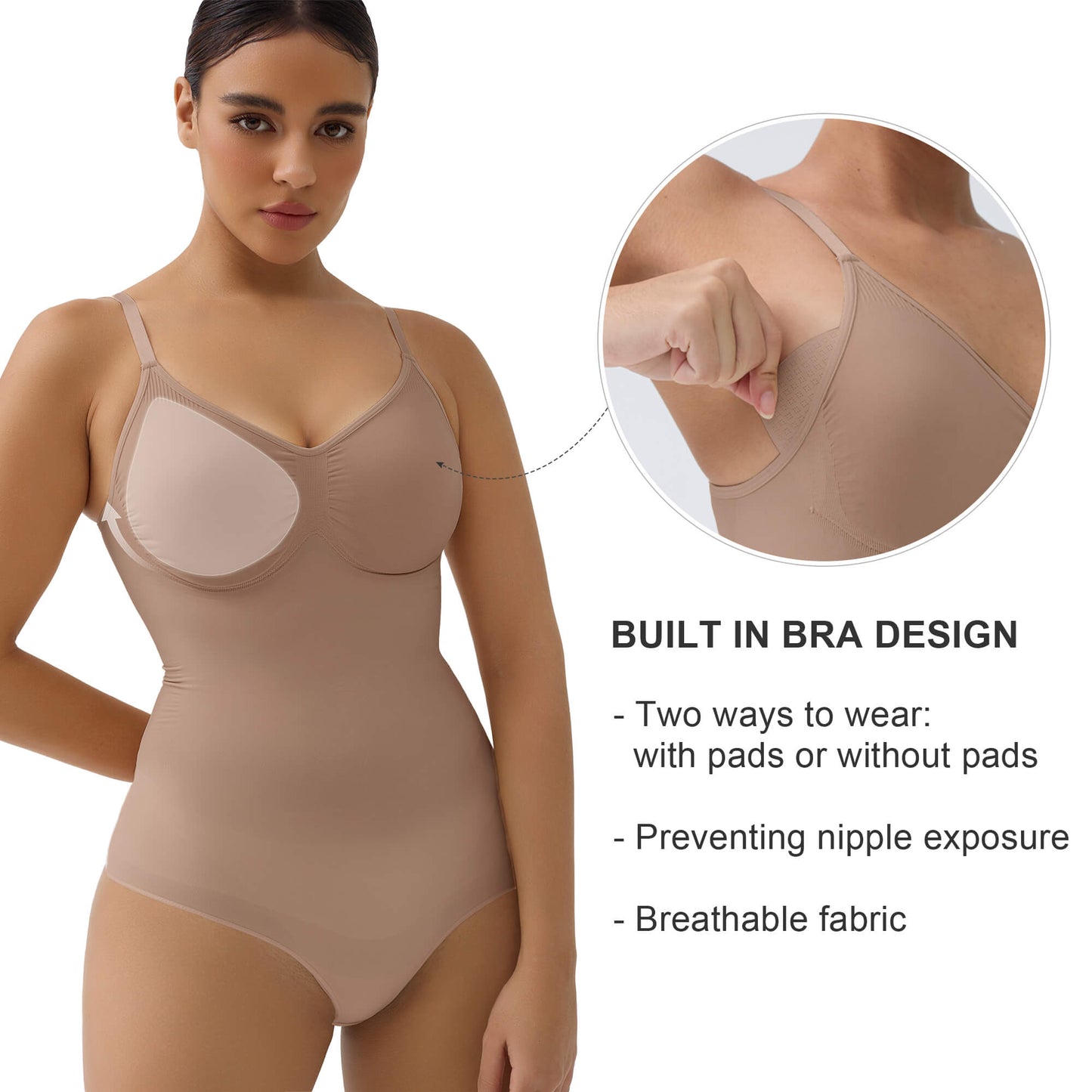 SHAPEDY Briefs Tummy Control Bodysuit with Removable Pads