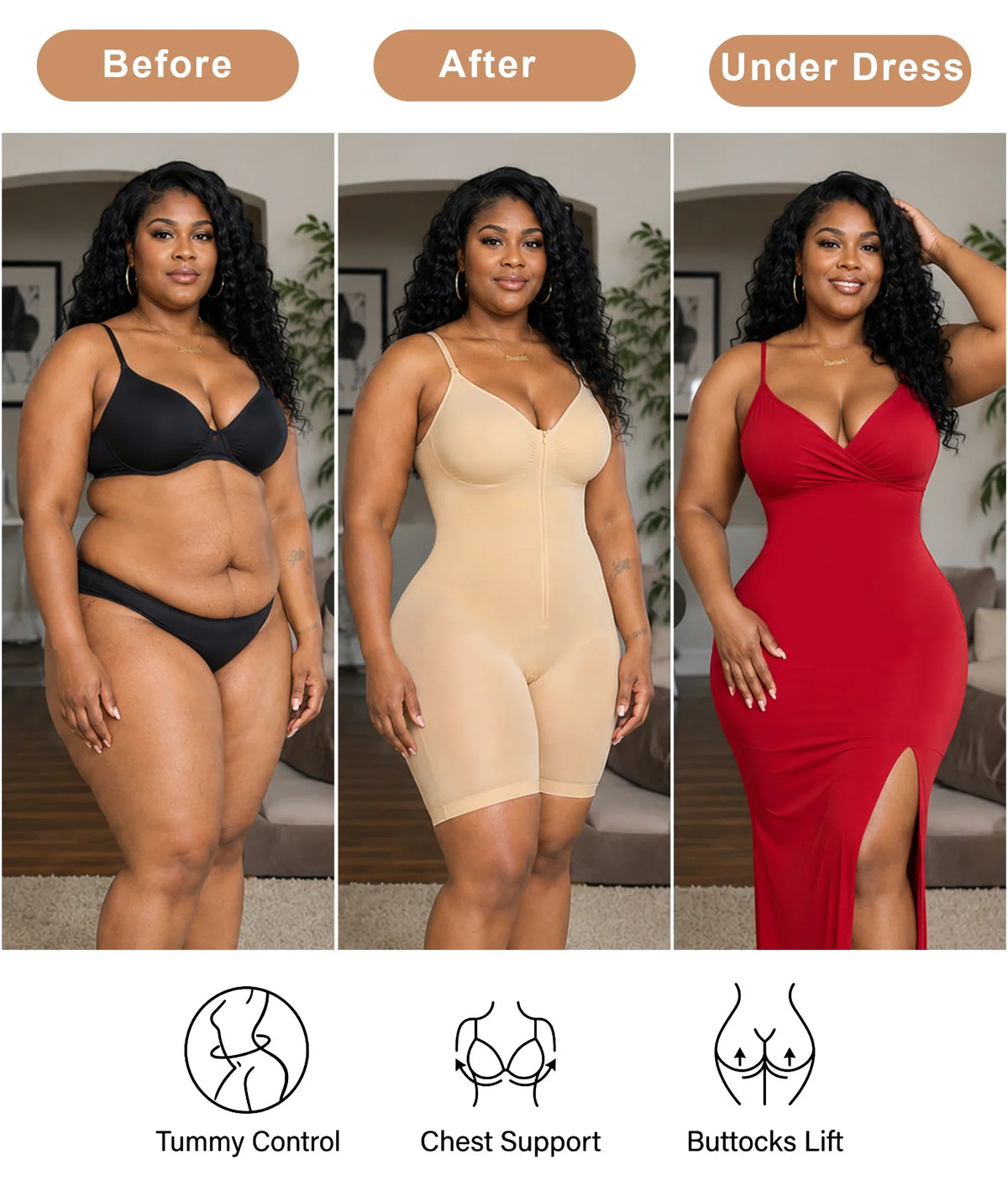 SHAPEDY High-Compression X-Panel Zip Mid-Thigh Bodysuit