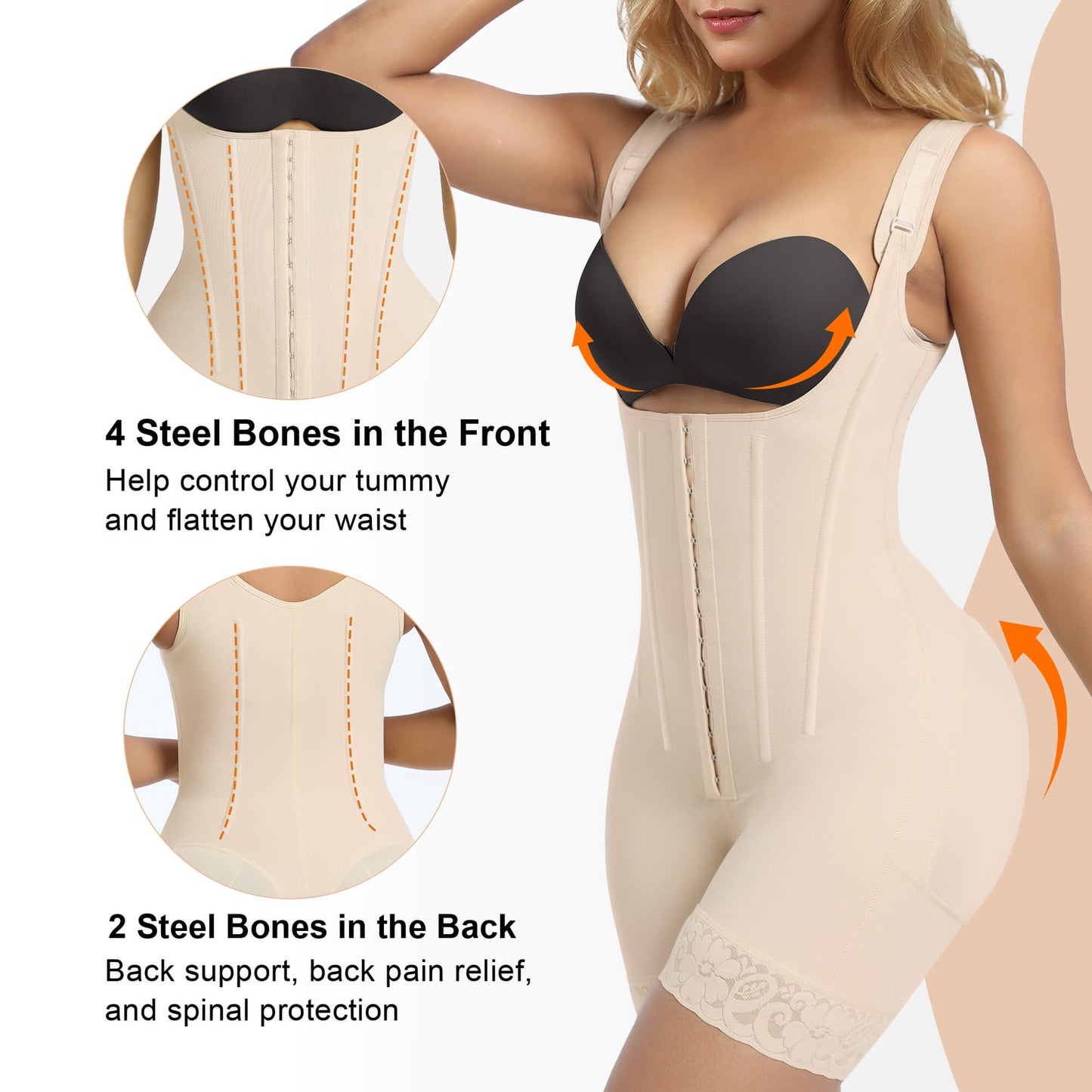 SHAPEDY 6-Steel-Bones Hooked Faja Tummy Control Bodysuit with Butt Lift