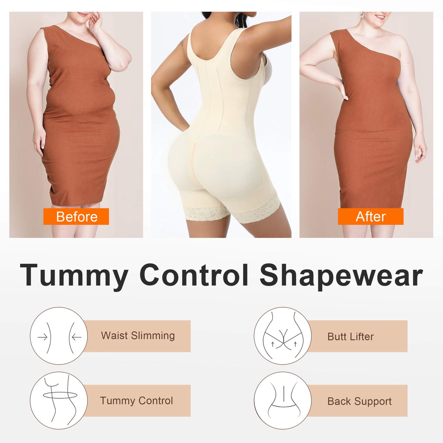 SHAPEDY 6-Steel-Bones Hooked Faja Tummy Control Bodysuit with Butt Lift