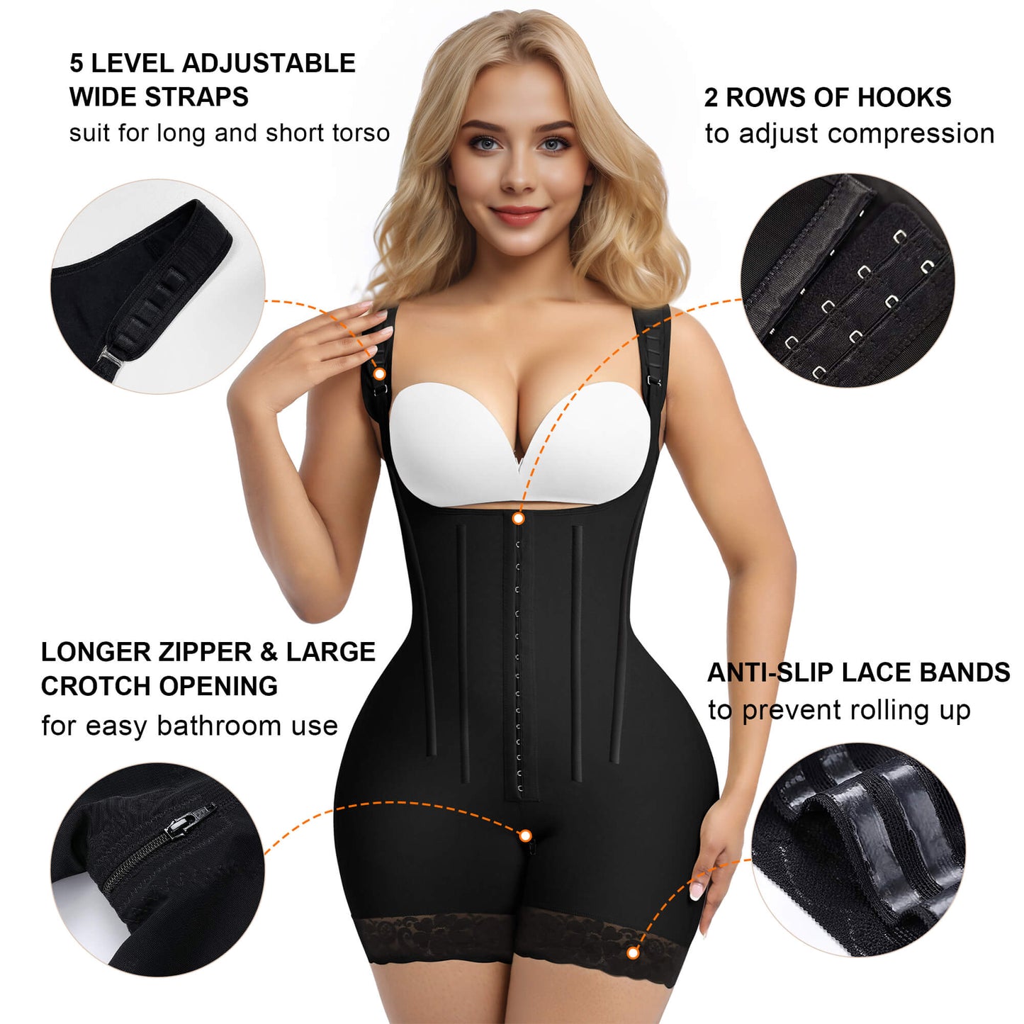 SHAPEDY 6-Steel-Bones Hooked Faja Tummy Control Bodysuit with Butt Lift