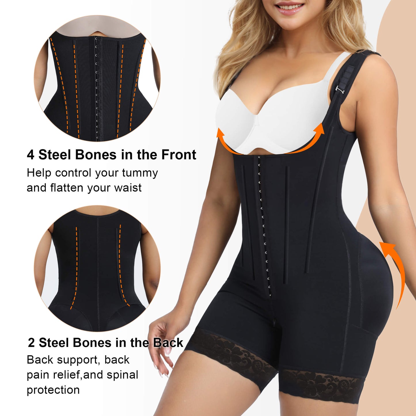SHAPEDY 6-Steel-Bones Hooked Faja Tummy Control Bodysuit with Butt Lift
