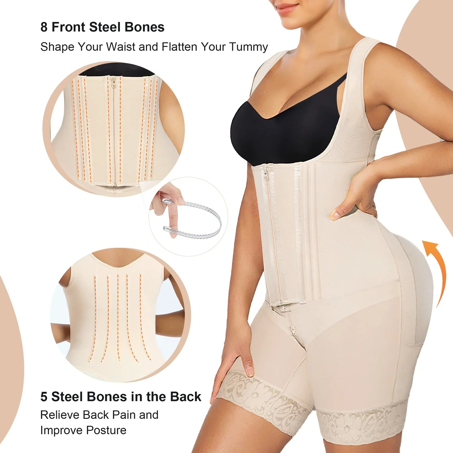 SHAPEDY Zipper & Hook 8-Steel-Bones Open Bust Fajas with Butt Lift