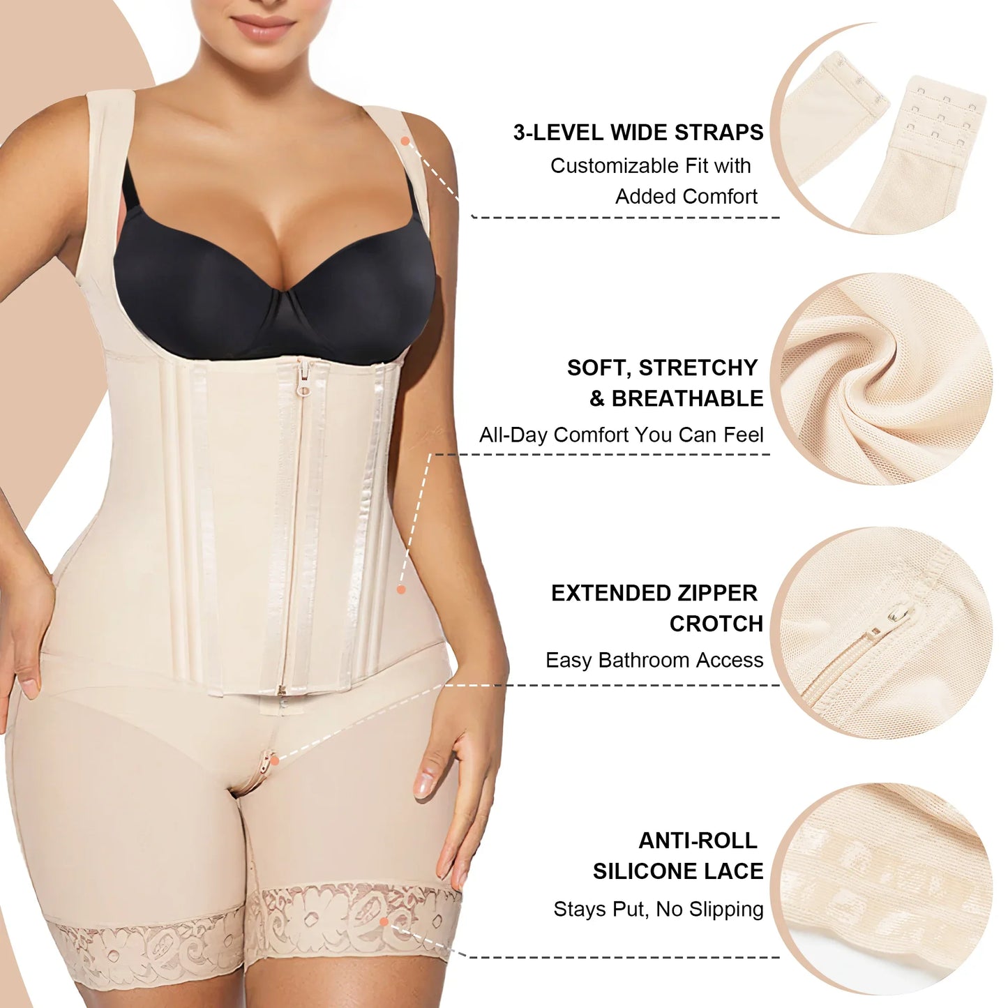 SHAPEDY Zipper & Hook 8-Steel-Bones Open Bust Fajas with Butt Lift