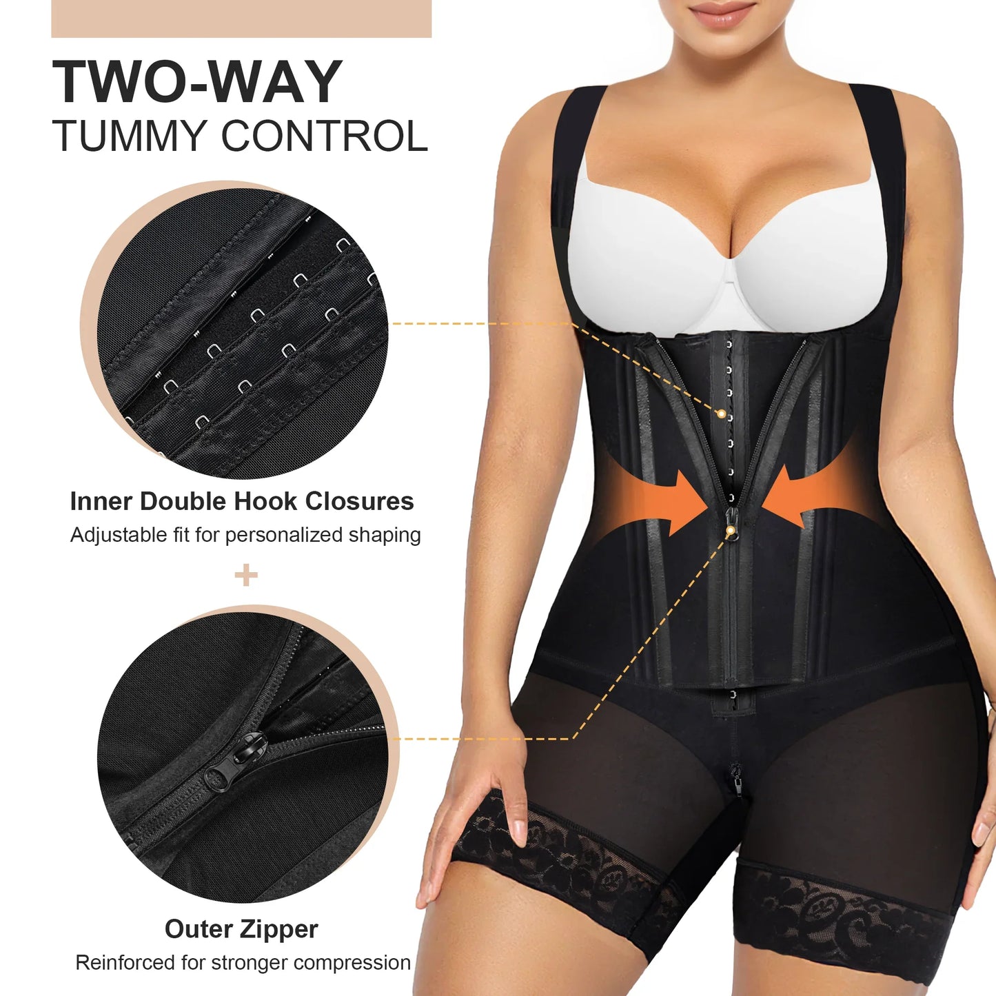 SHAPEDY Zipper & Hook 8-Steel-Bones Open Bust Fajas with Butt Lift