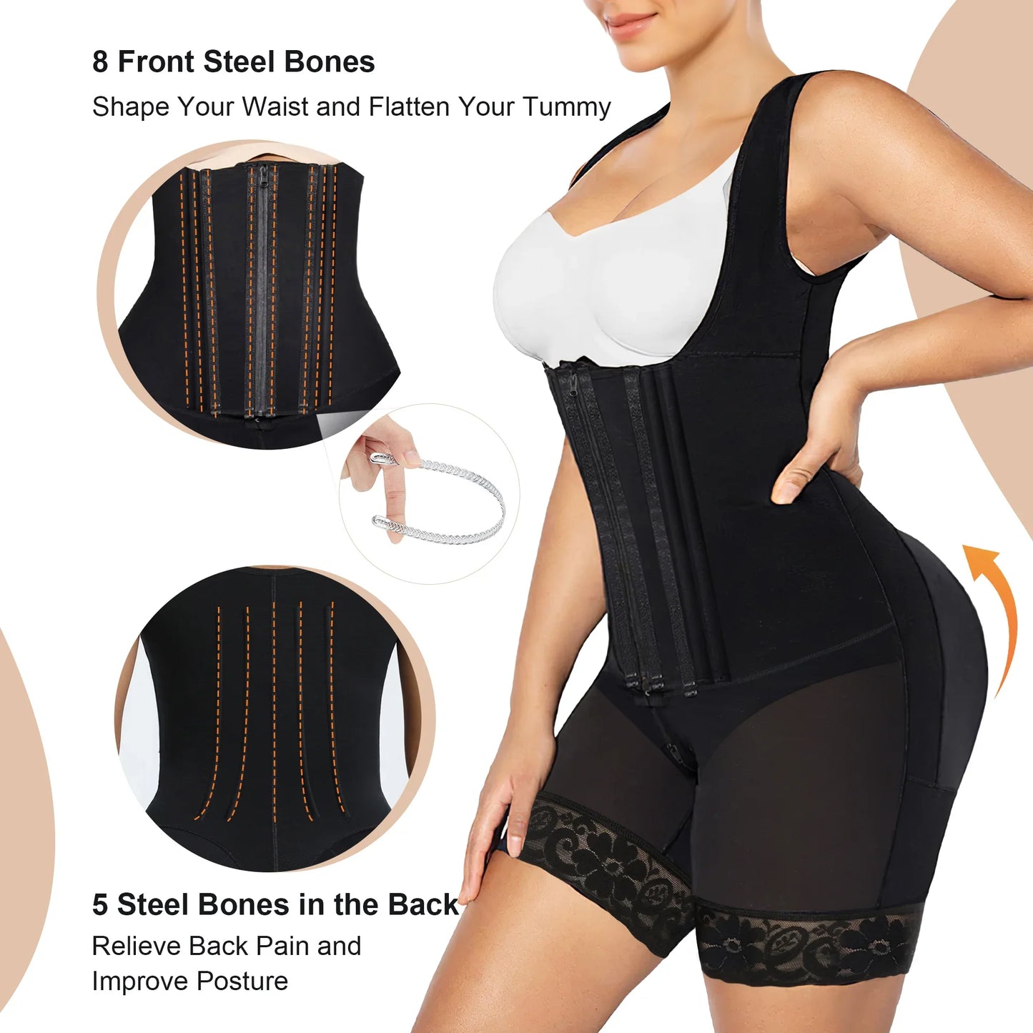 SHAPEDY Zipper & Hook 8-Steel-Bones Open Bust Fajas with Butt Lift