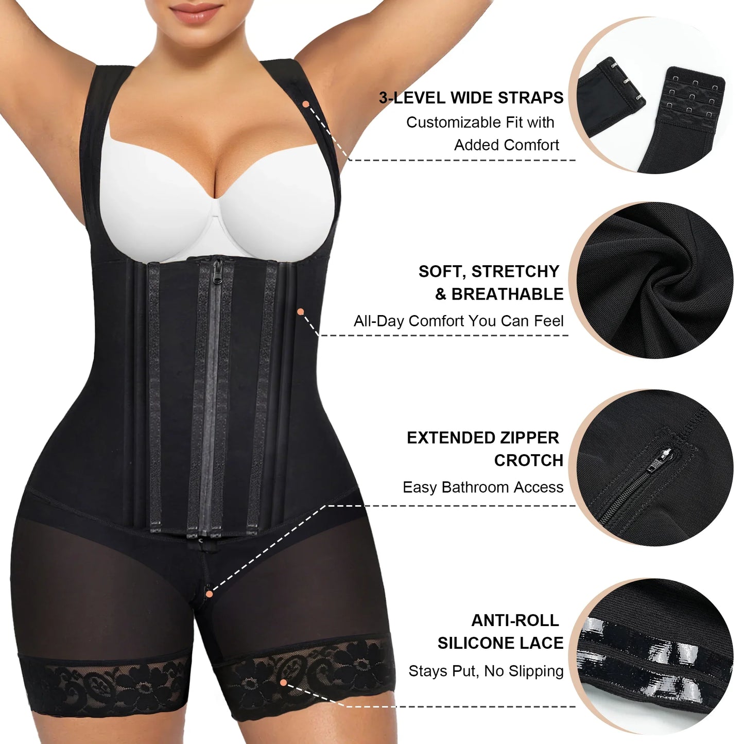 SHAPEDY Zipper & Hook 8-Steel-Bones Open Bust Fajas with Butt Lift